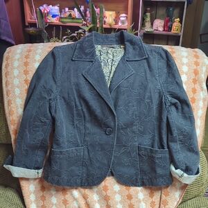 Women's Black Floral Denim Blazer Petite